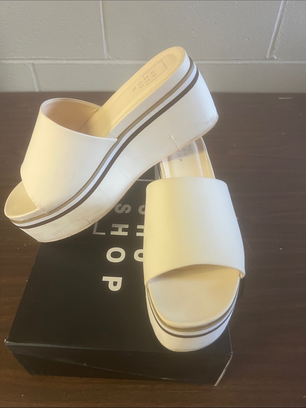 ShuShop Cream Platform Slide Sandals with Striped Wedge